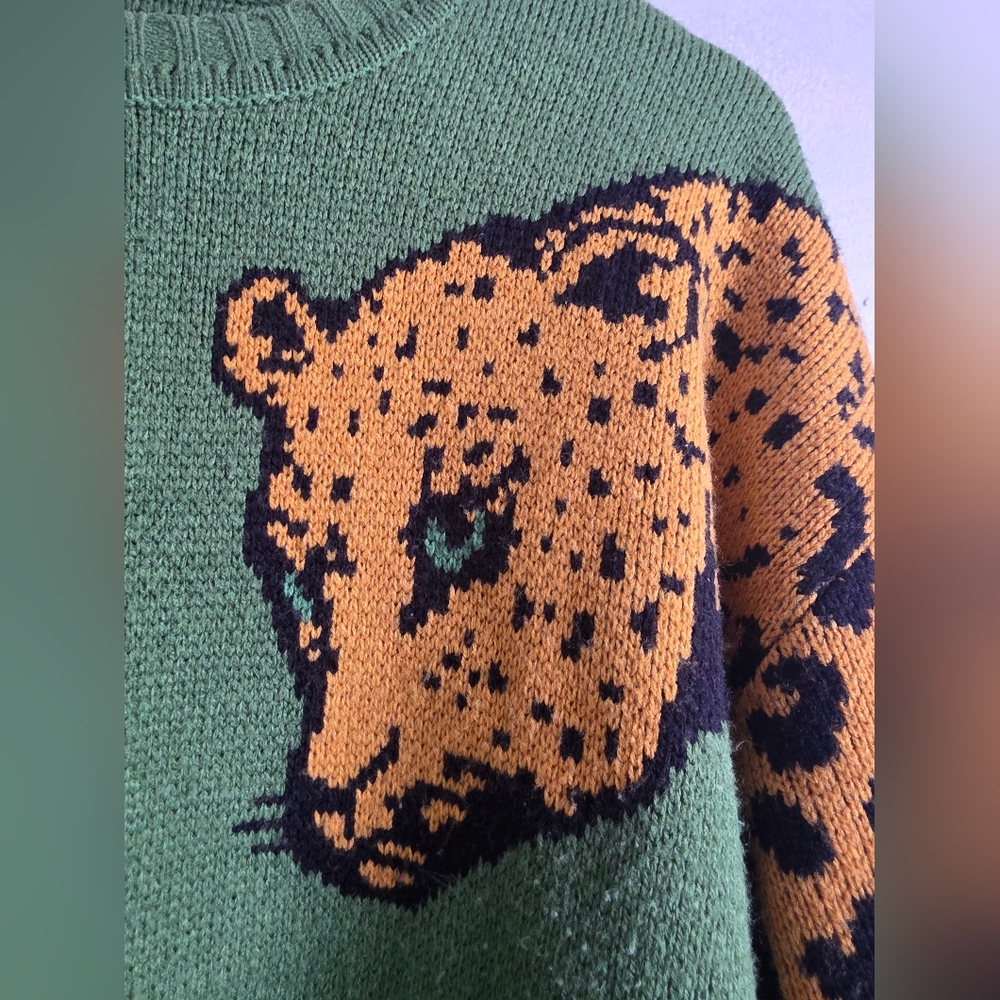 Vintage Leopard Cheetah Head Green Mustard Yellow Pullover Sweater Sz M - Picture 4 of 7